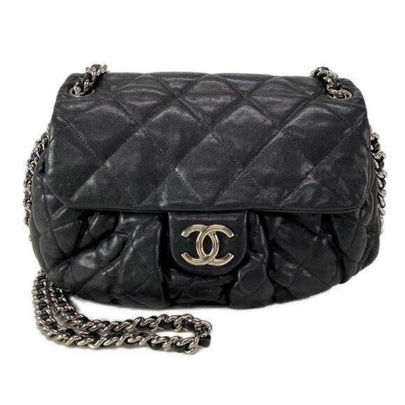Auth CHANEL Chain Around / Matelasse A49889 Black Leather Shoulder Bag - Picture 1 of 16